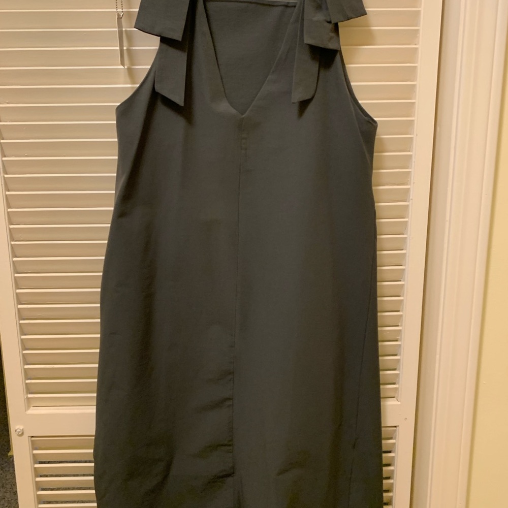 Tie-Shoulder V-Neck Midi Dress — olive green